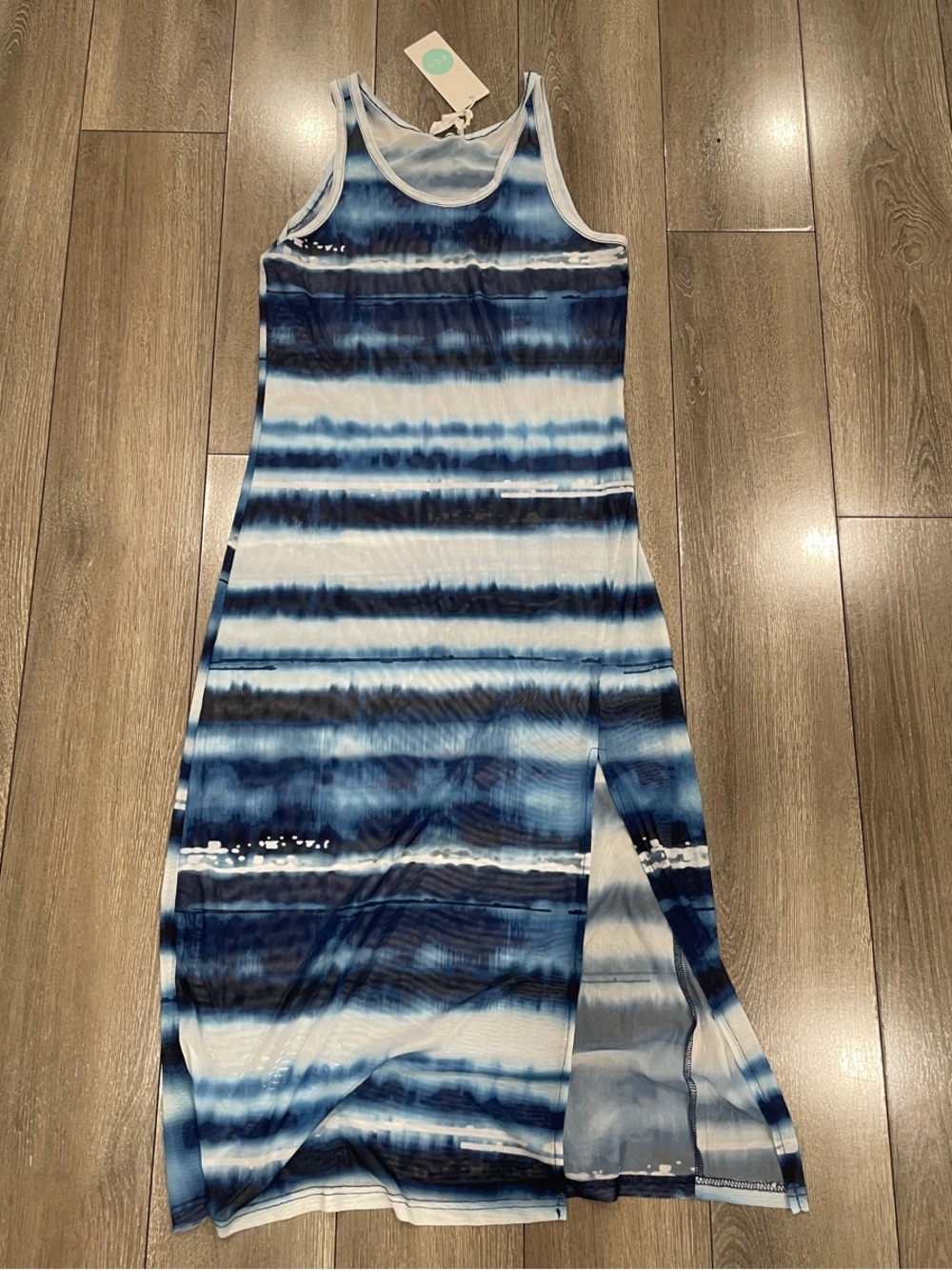 Sleeveless Blue Tie-Dye Maxi Swim Coverup with Side Slit